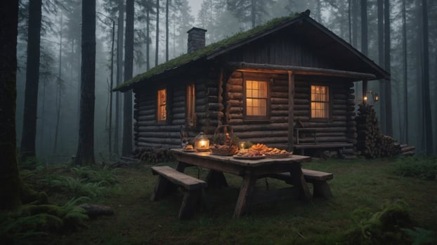 Cozy log cabin in a misty forest during twilight, with a rustic table set for a meal outside photo