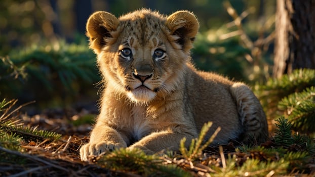 A young lion cub resting amidst pine needles in a sunlit forest, capturing the essence of wildlife photo