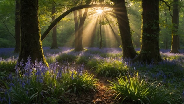 Sunlight streaming through trees in a lush forest filled with bluebells, creating a serene atmosphere photo