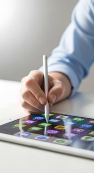 Hand using a stylus on a tablet displaying various app icons on a white surface in a well lit room photo