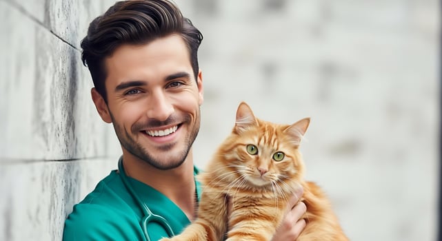 Smiling veterinarian in scrubs holding a fluffy orange cat against a textured wall background photo