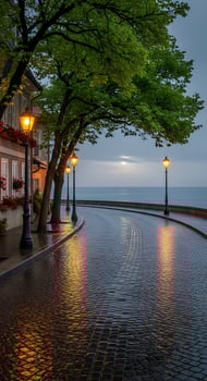 Cobblestone street illuminated by vintage street lamps near the sea on a cloudy day after the rain photo