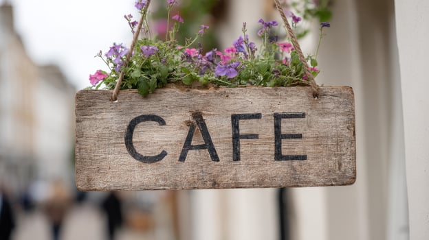 Wooden Cafe Sign With Flowers In Urban Setting. Inviting Atmosphere For Coffee Lovers photo