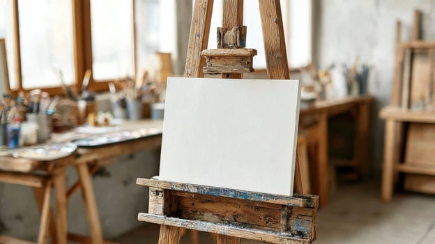 Blank Canvas On Wooden Easel In Artist'S Studio. Creative Space For Artistic Expression photo