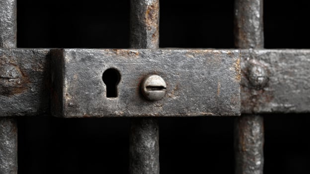 Close-Up Of A Rusty Metal Lock On An Old Prison Cell Door. Symbol Of Confinement And Security photo