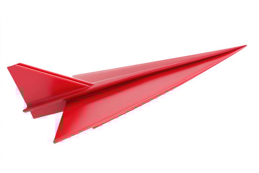 A bright red paper airplane in midflight, isolated on a clean white background, symbolizing travel photo