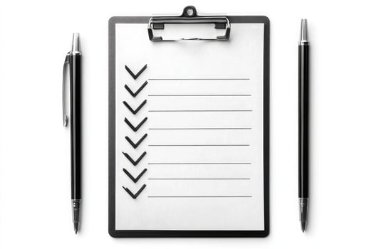 Clipboard with two pens and a checklist isolated on white background photo