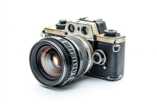 Vintage film camera with a prominent lens isolated on white background photo