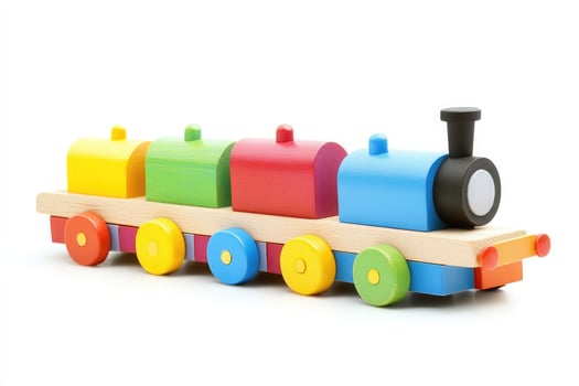 Colorful wooden toy train with carriages isolated on white background photo