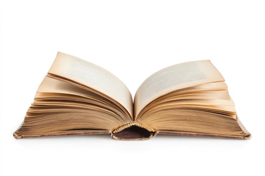 An open old book with aged pages, isolated on white background photo