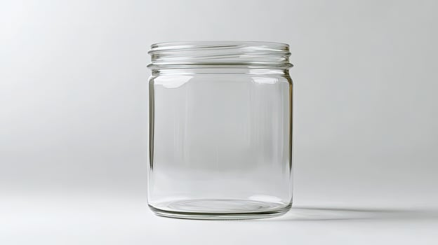 Empty transparent glass jar stands centered on a white background casting a faint shadow photo