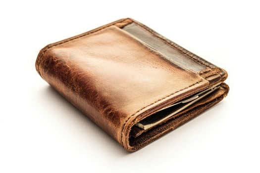 A vintage brown leather wallet, folded and showing its textured surface, isolated on white background photo