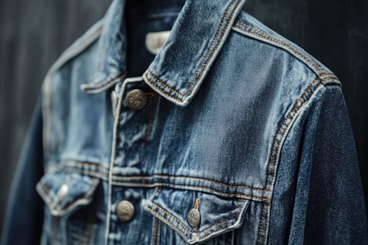 Closeup of a blue denim jacket with a textured pattern and metal buttons photo