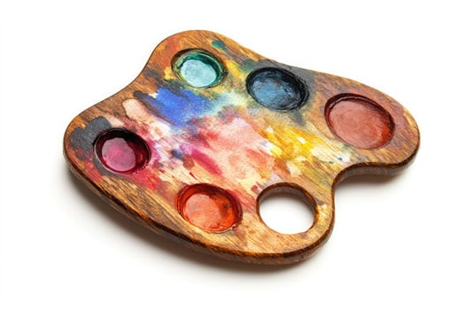 An artists wooden paint palette filled with vibrant oil colors, ready for creative expression photo