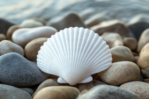 A single white scallop seashell rests on a bed of smooth, wet pebbles on a beach photo