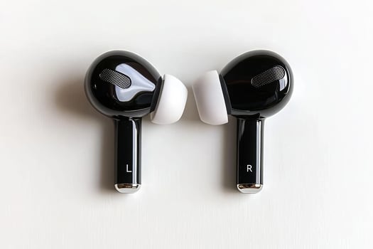 A pair of black wireless earbuds with white ear tips, displayed on a plain white background photo