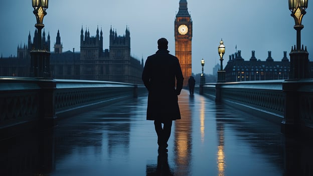 A mysterious man in coat walks across Westminster Bridge toward Big Ben photo