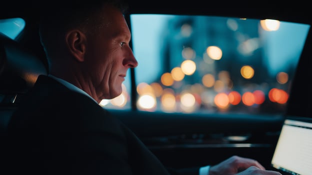 Business man driving car at night with city lights bokeh background. Professional businessman commuting through urban traffic. Corporate travel and transportation concept. photo
