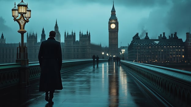 Man in coat walks across a wet London bridge towards Big Ben photo