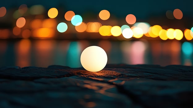 Glowing orb rests softly upon rough texture with blurred bokeh city background at night photo