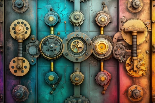 Intricate collection of industrial gears, cogs, and metallic textures creates an abstract mechanical artwork photo