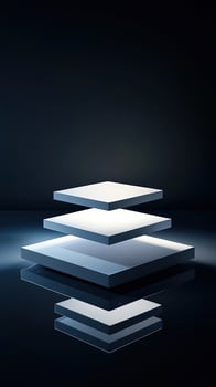 White square platforms float above dark reflective surface, emitting a soft glow in a simple arrangement photo
