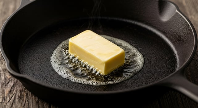 A piece of butter is being fried in a pan photo
