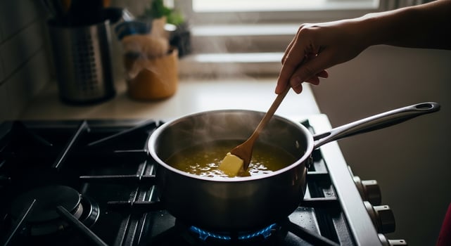 A woman stirring a pot of yellow sauce on the stove photo