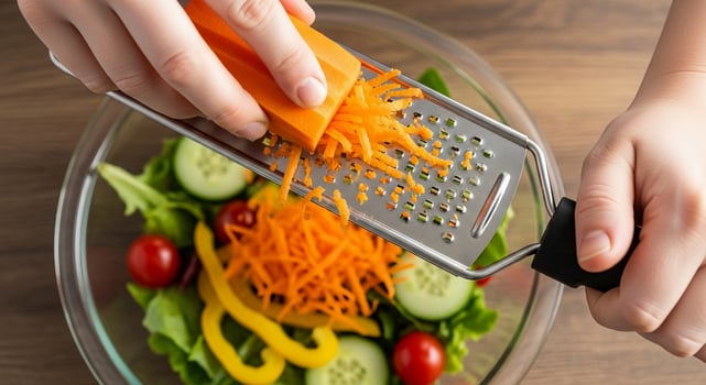 A person grating carrots on a salad photo