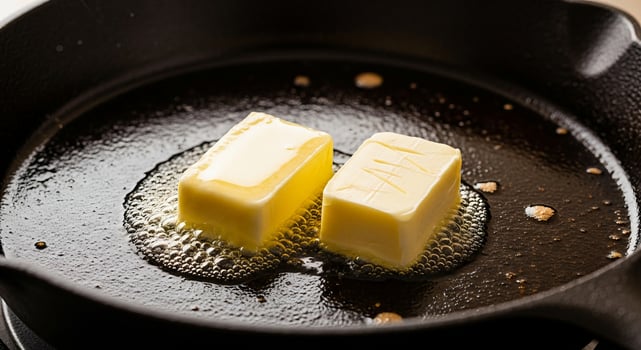 Two pieces of butter are cooking in a frying pan photo