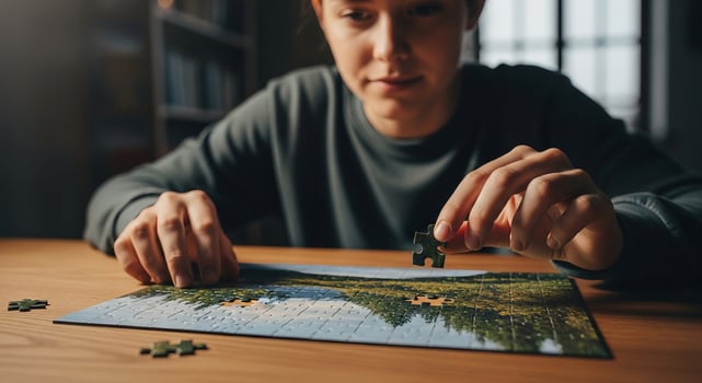 A woman is putting together a puzzle piece photo