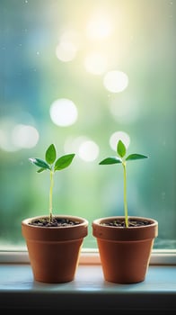 Two vibrant green seedlings stand in pots, basking in soft sunlight near the window photo