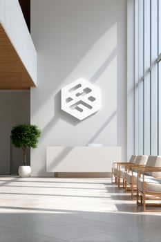 Modern office lobby showcasing company logo and waiting area photo