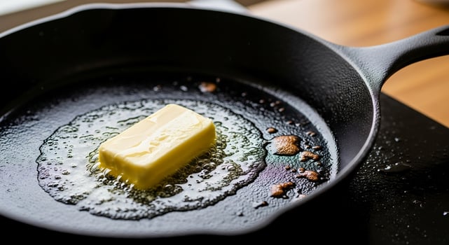 A butter cube being melted in a pan photo