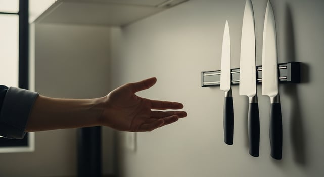 A person reaching for a knife on a wall photo