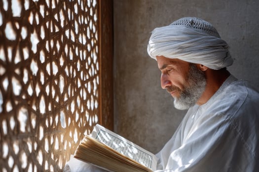 Muslim scholar reading Quran near ornate window in mosque photo