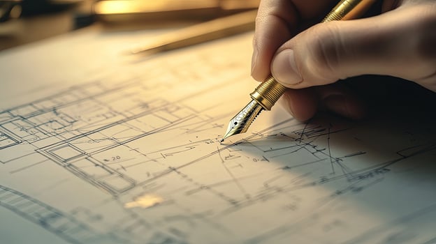 Person accurately draws architectural blueprint lines using fine golden fountain pen over bright parchment photo
