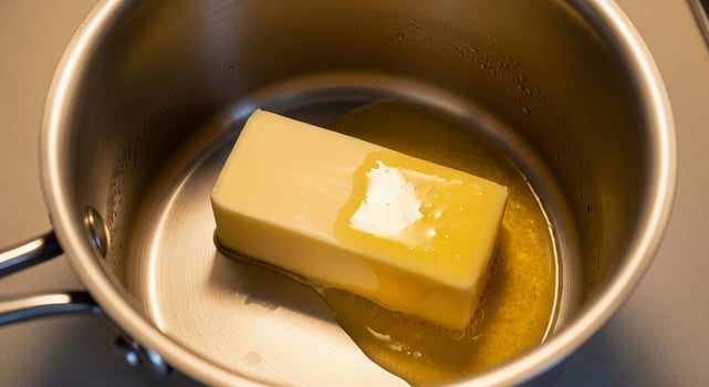 A block of butter is being melted in a pan photo