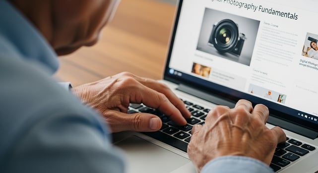 A man is typing on a laptop with a website on it photo