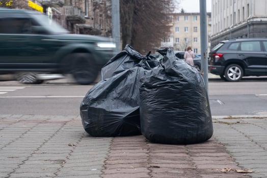 Two black garbage bags sitting on the sidewalk photo