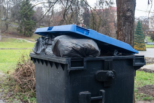 A trash can with a blue lid photo
