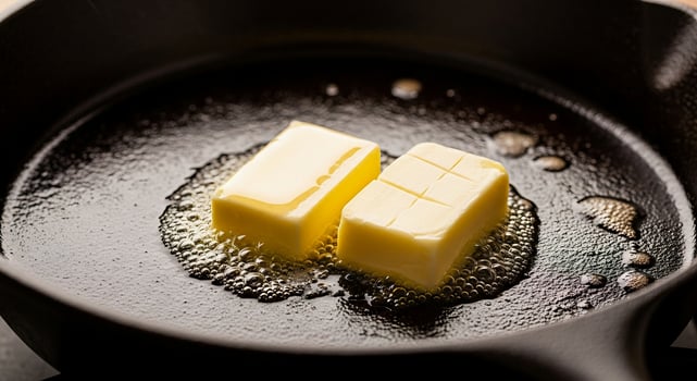 Two pieces of butter are being fried in a pan photo