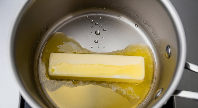 A butter cube in a pan on the stove photo