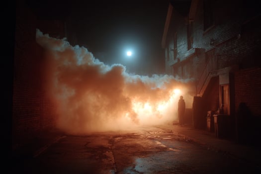 A street with smoke coming out of a building photo