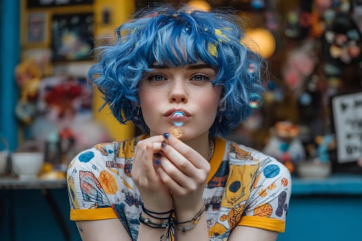 A woman with blue hair and a colorful shirt photo