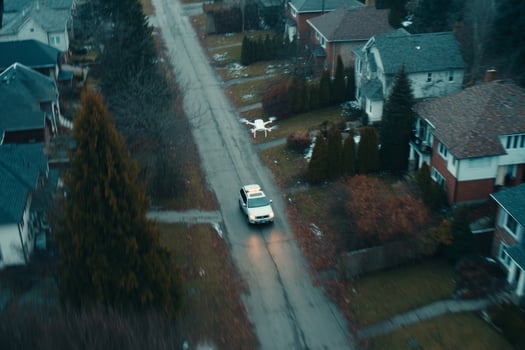 A car driving down a street with houses and trees photo