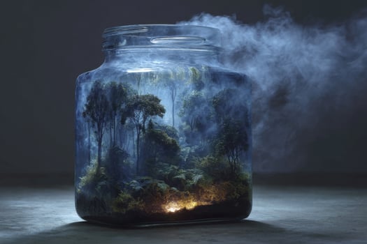 A jar with smoke coming out of it and a forest in it photo