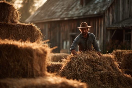 A man in a hat is standing next to hay photo