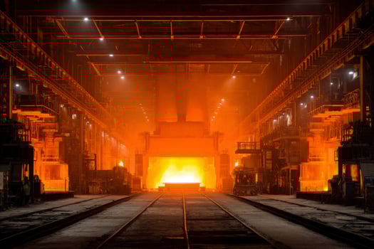 An industrial factory with steel being poured into a large furnace photo