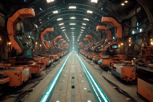 A long line of robots in a factory photo